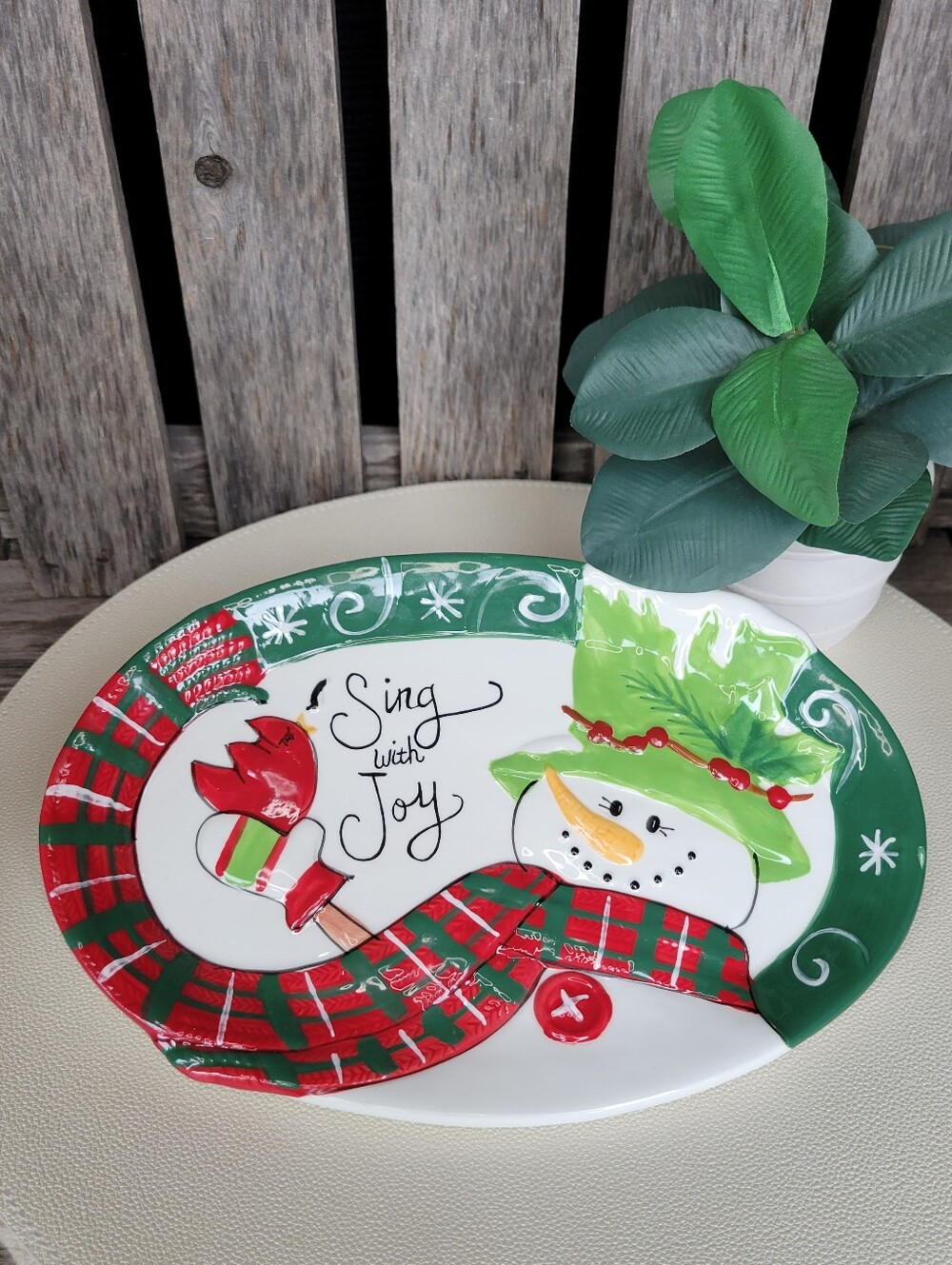 Fitz & Floyd - Sing With Joy oval platter snowman & cardinal